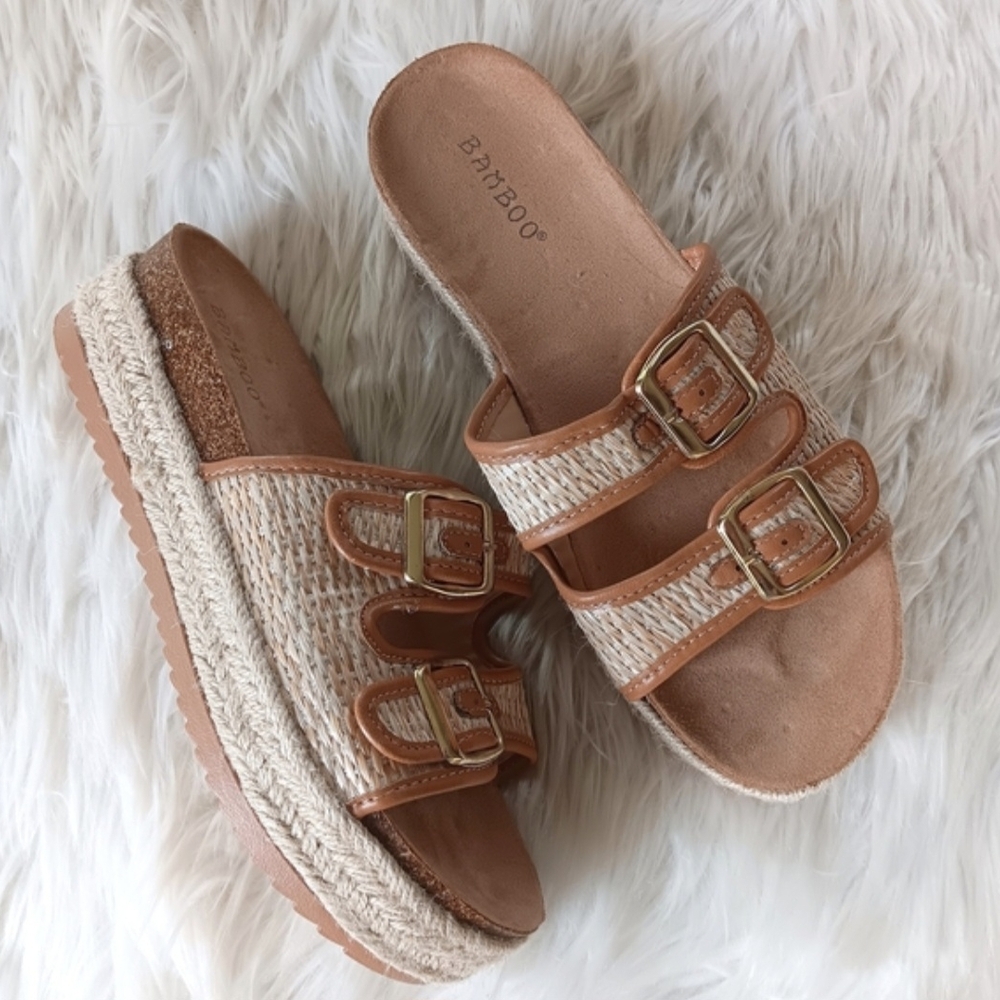 ↠ Bamboo Natural Cream & Tan Raffia Espadrille Platform Double Buckle Sandals - Picture 2 of 7